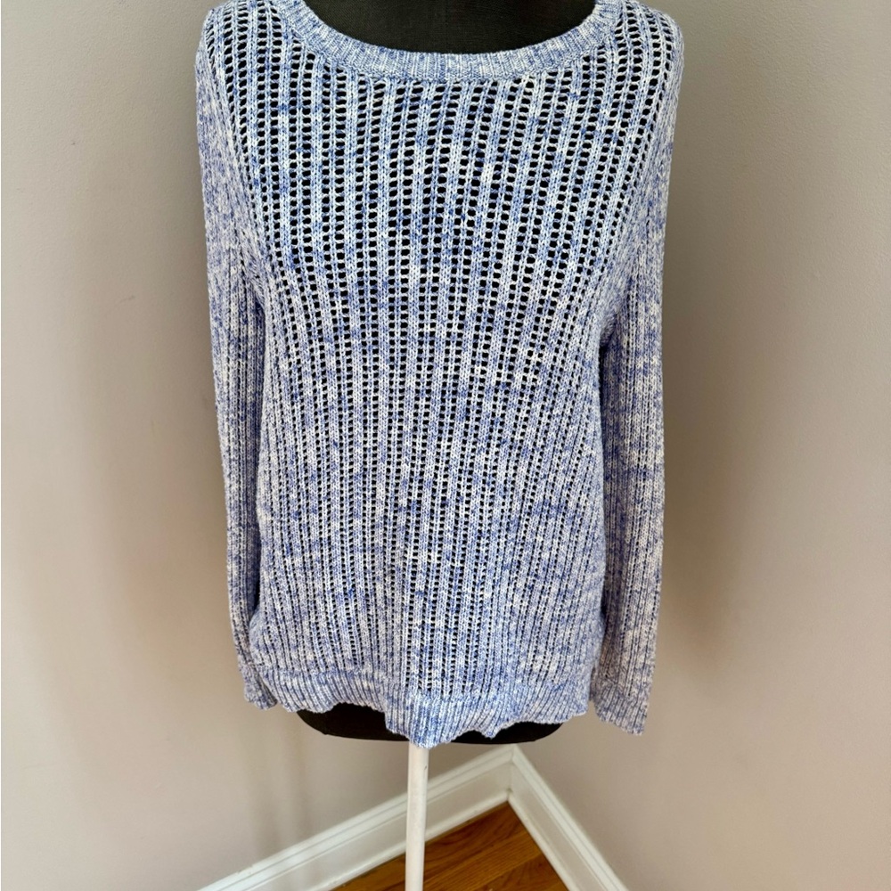 Talbots 100% Cotton Open Knit Chunky Blue White Ladies Sweater Size Medium EUC - Picture 6 of 9